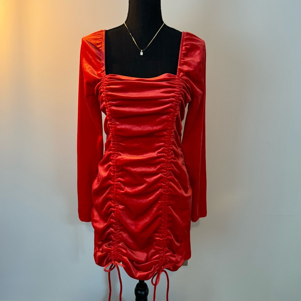 Wild Fable Women's Long Sleeved Ruched Red Velvet Bodycon Dress